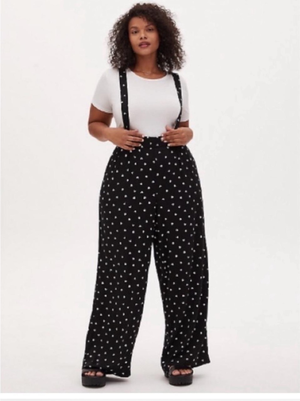 Torrid Mickey/Minnie Black Polka Dot Wide-Leg Suspender Pants